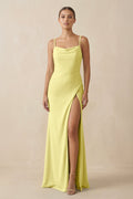 Sheath Spaghetti Straps Chiffon Long Bridesmaid Dress in Buttercup - SHE IS ME Bridesmaid Dresses