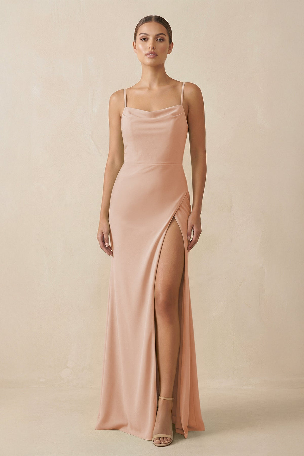 Sheath Spaghetti Straps Chiffon Long Bridesmaid Dress in Champagne Rose - SHE IS ME Bridesmaid Dresses