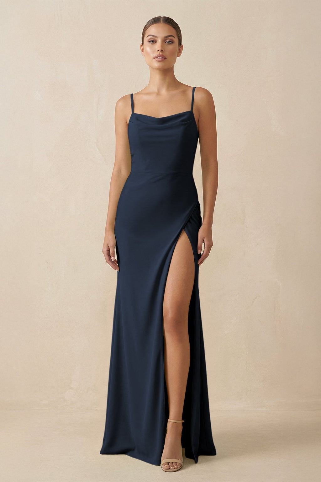 Sheath Spaghetti Straps Chiffon Long Bridesmaid Dress in Dark Navy - SHE IS ME Bridesmaid Dresses