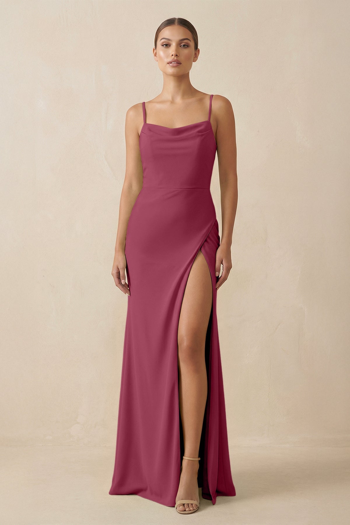 Sheath Spaghetti Straps Chiffon Long Bridesmaid Dress in Desert Rose - SHE IS ME Bridesmaid Dresses