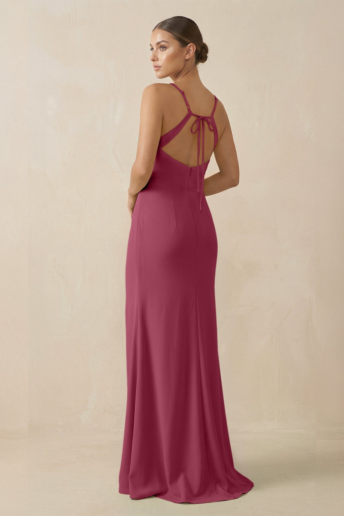 Sheath Spaghetti Straps Chiffon Long Bridesmaid Dress in Desert Rose - SHE IS ME Bridesmaid Dresses