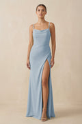 Sheath Spaghetti Straps Chiffon Long Bridesmaid Dress in Dusty Blue - SHE IS ME Bridesmaid Dresses