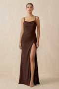 Sheath Spaghetti Straps Chiffon Long Bridesmaid Dress in Espresso - SHE IS ME Bridesmaid Dresses