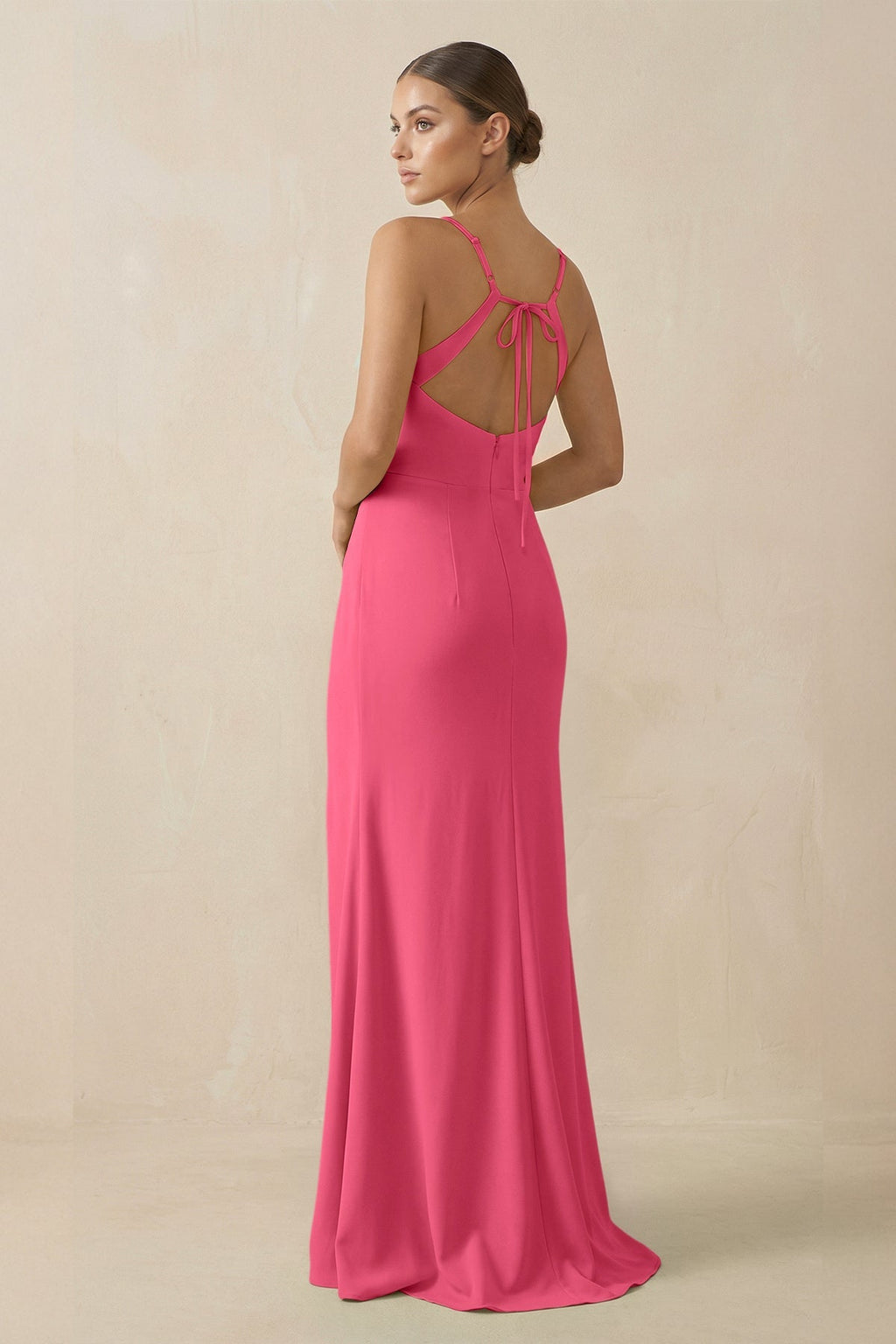 Sheath Spaghetti Straps Chiffon Long Bridesmaid Dress in Fuchsia - SHE IS ME Bridesmaid Dresses