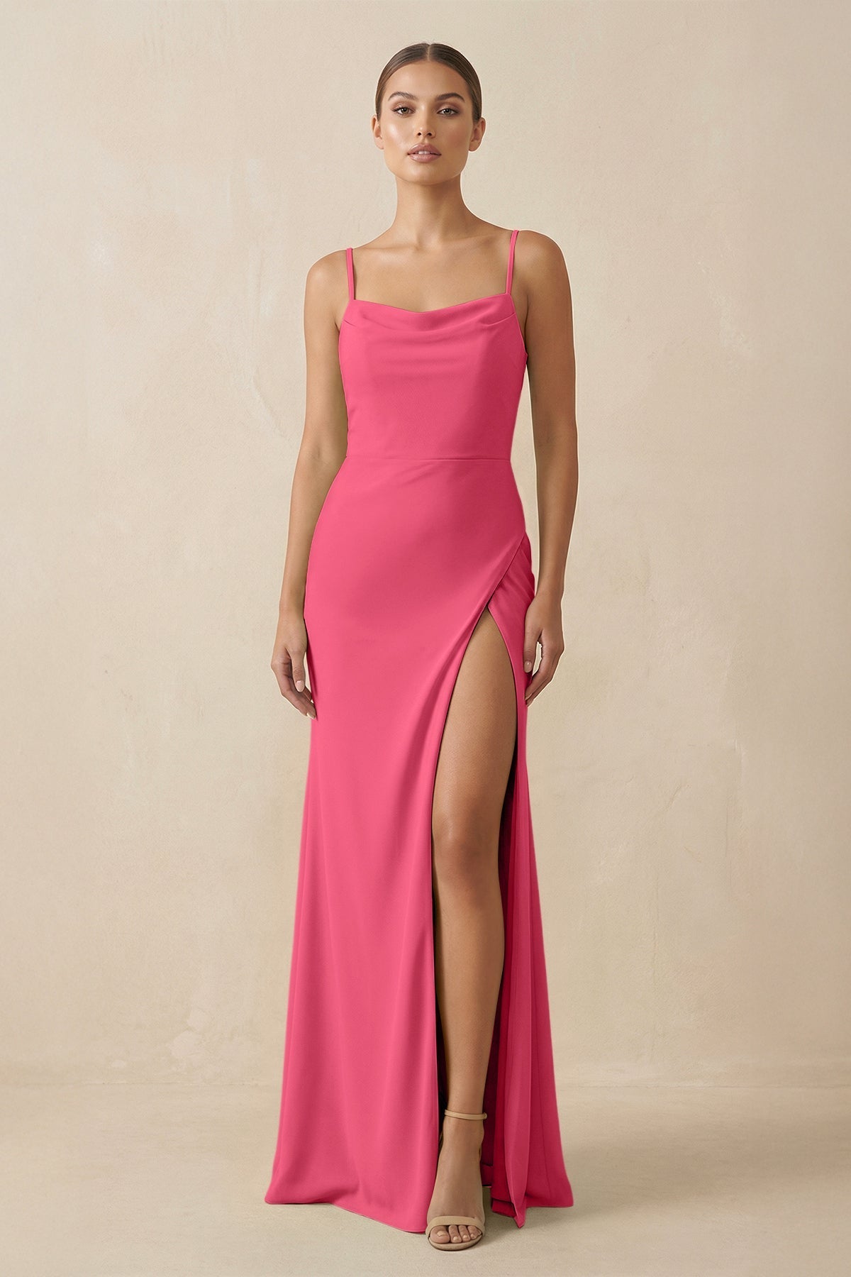 Sheath Spaghetti Straps Chiffon Long Bridesmaid Dress in Fuchsia - SHE IS ME Bridesmaid Dresses