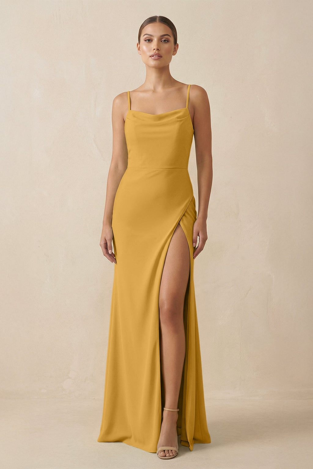 Sheath Spaghetti Straps Chiffon Long Bridesmaid Dress in Marigold - SHE IS ME Bridesmaid Dresses