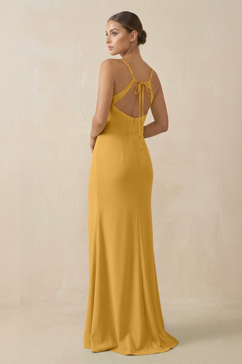 Sheath Spaghetti Straps Chiffon Long Bridesmaid Dress in Marigold - SHE IS ME Bridesmaid Dresses