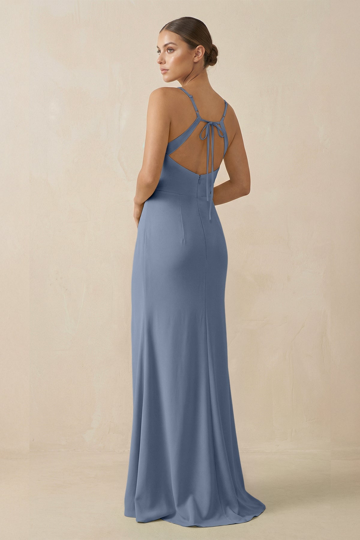 Sheath Spaghetti Straps Chiffon Long Bridesmaid Dress in Neptune - SHE IS ME Bridesmaid Dresses