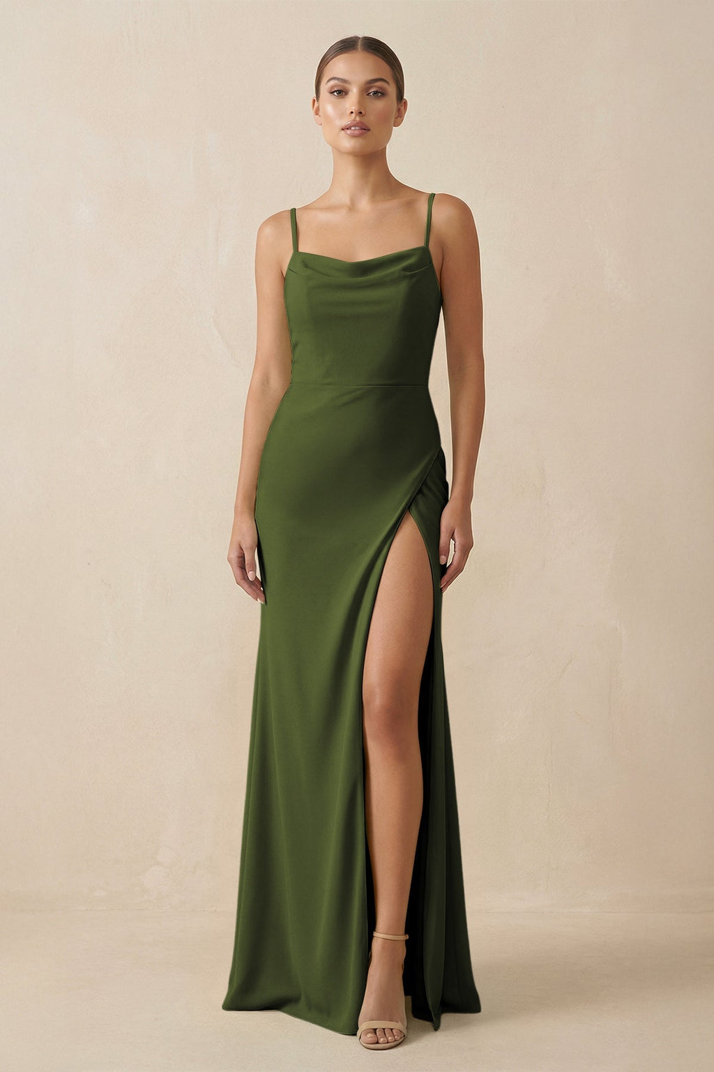 Sheath Spaghetti Straps Chiffon Long Bridesmaid Dress in Olive - SHE IS ME Bridesmaid Dresses