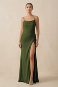 Sheath Spaghetti Straps Chiffon Long Bridesmaid Dress in Olive - SHE IS ME Bridesmaid Dresses