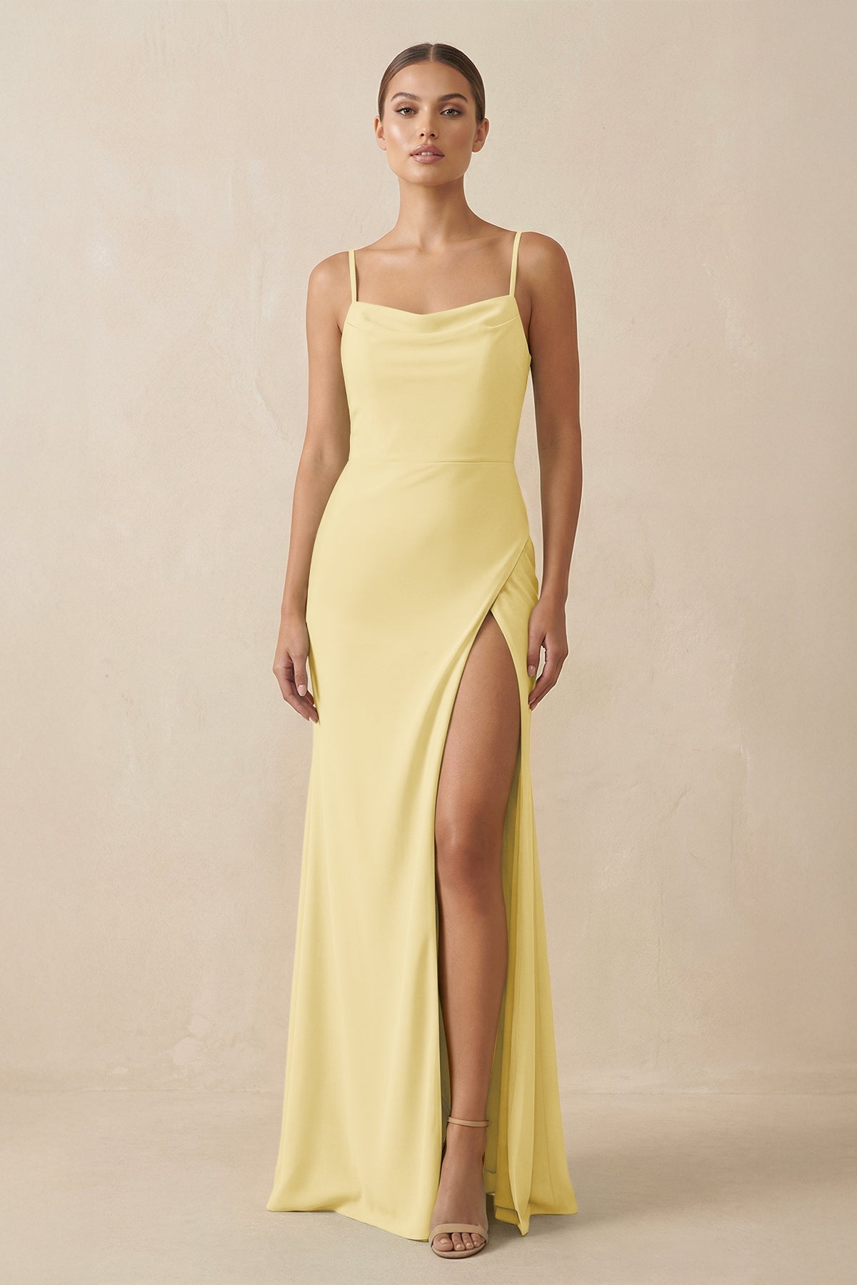 Sheath Spaghetti Straps Chiffon Long Bridesmaid Dress in Pastel Yellow - SHE IS ME Bridesmaid Dresses