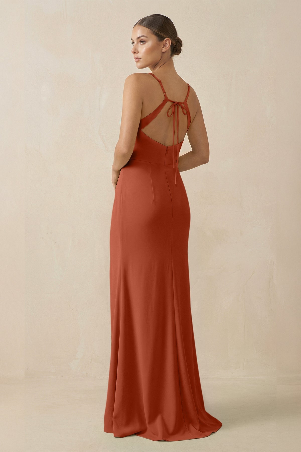 Sheath Spaghetti Straps Chiffon Long Bridesmaid Dress in Spice - SHE IS ME Bridesmaid Dresses