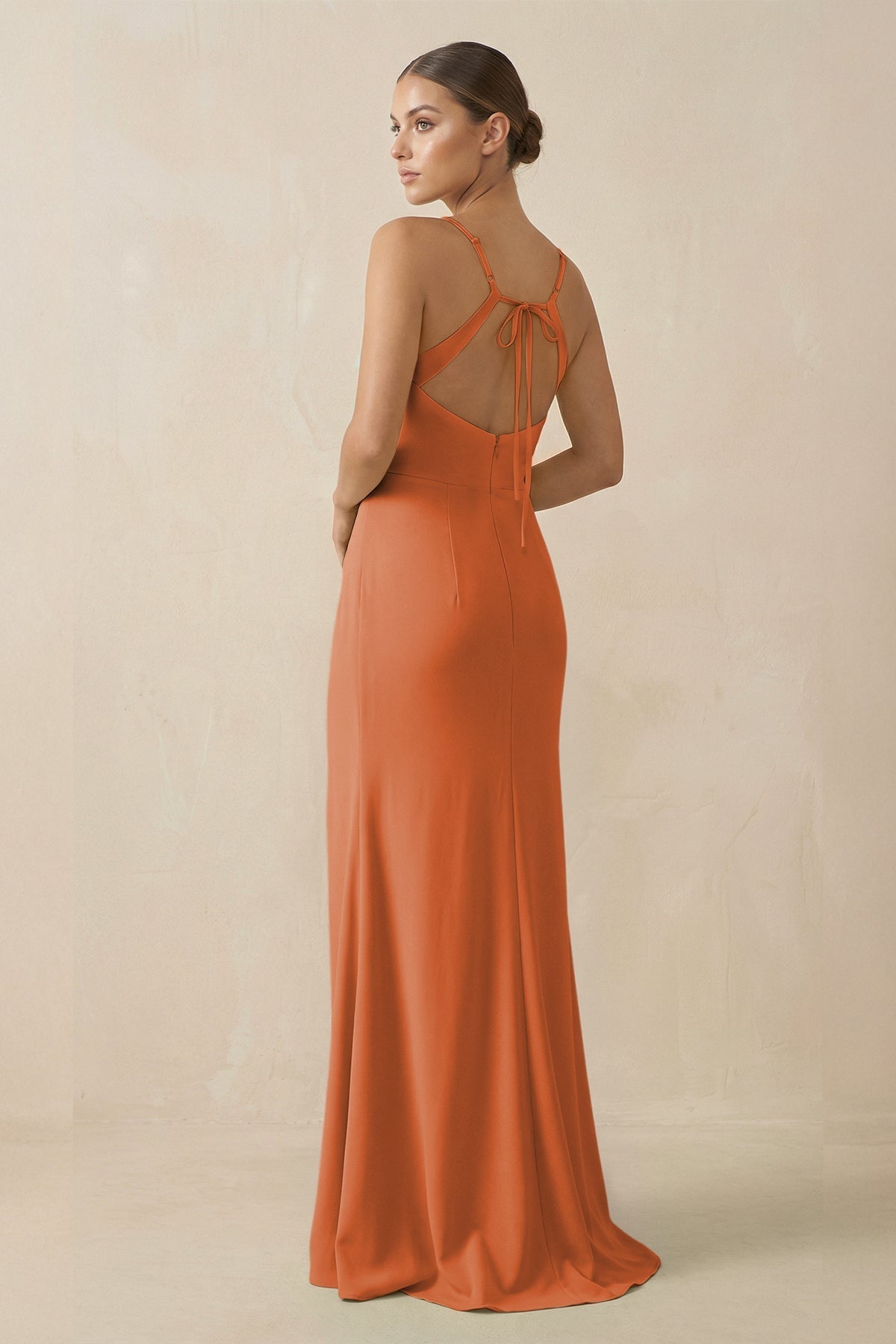 Sheath Spaghetti Straps Chiffon Long Bridesmaid Dress in Terracotta - SHE IS ME Bridesmaid Dresses