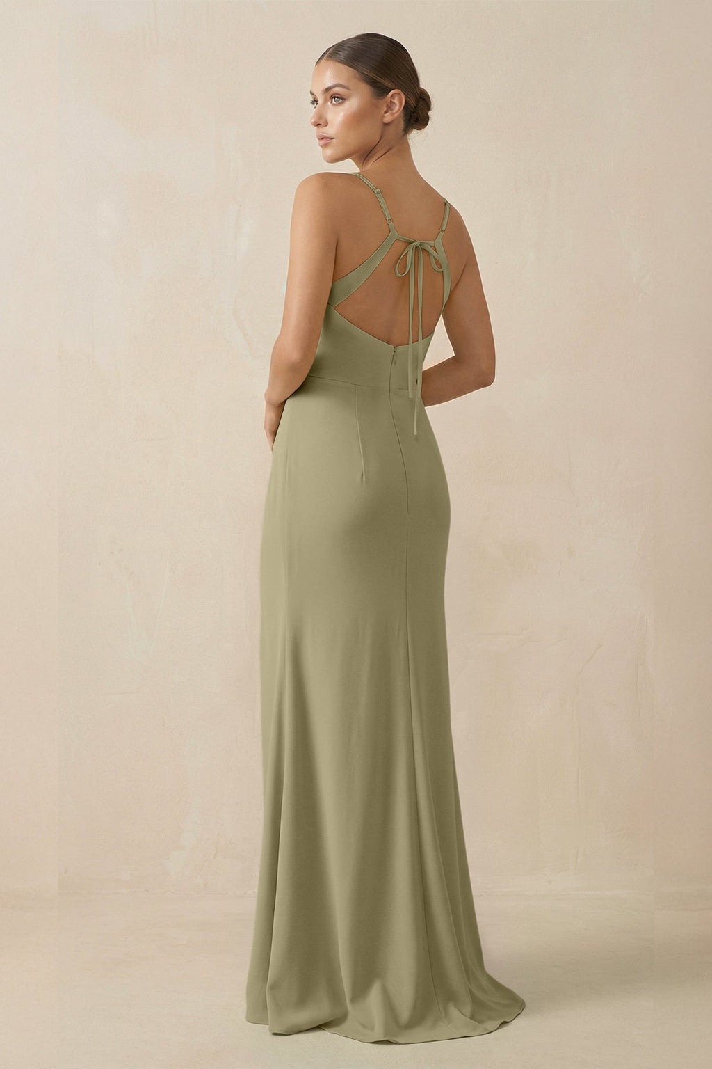 Sheath Spaghetti Straps Chiffon Long Bridesmaid Dress in Thyme - SHE IS ME Bridesmaid Dresses