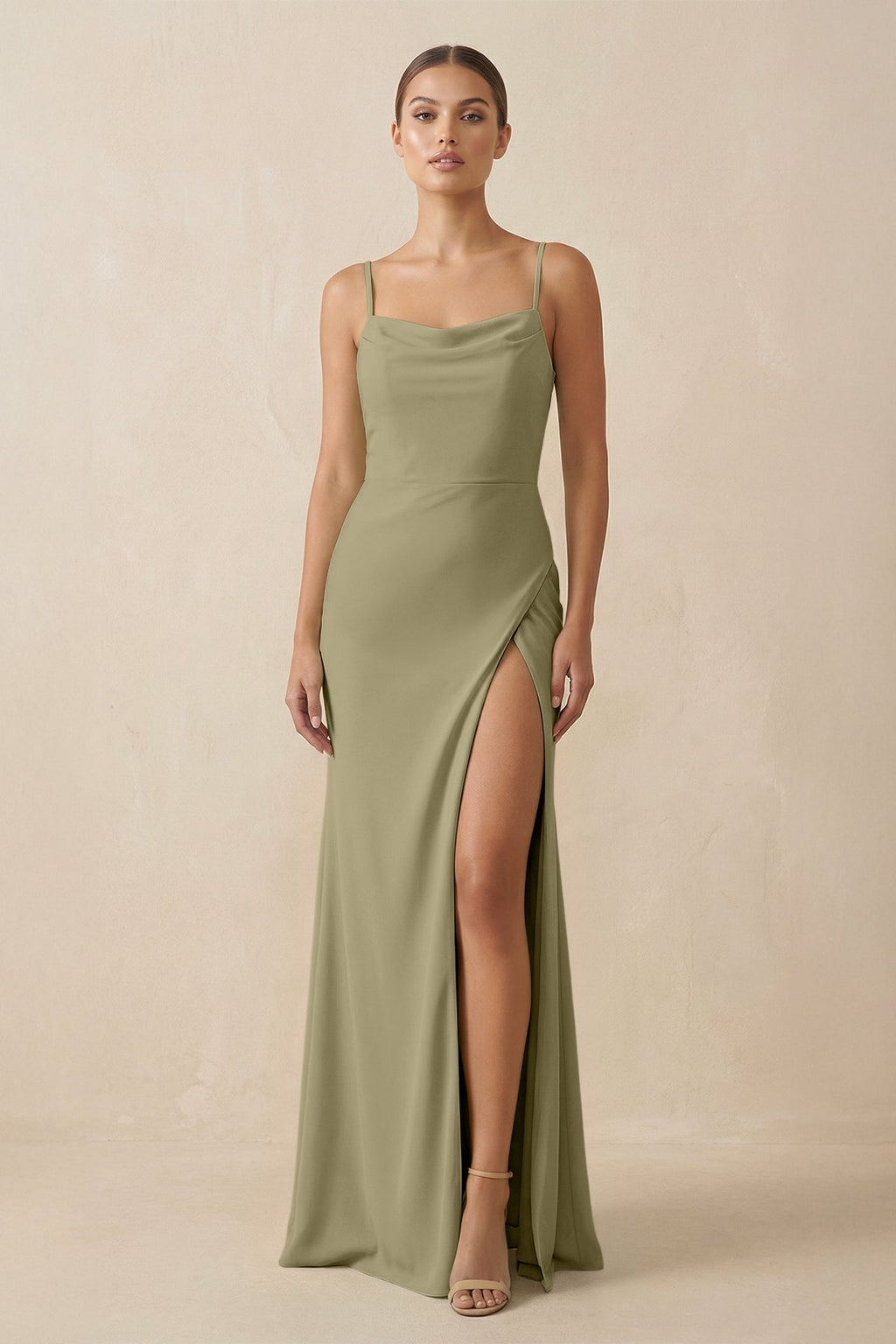 Sheath Spaghetti Straps Chiffon Long Bridesmaid Dress in Thyme - SHE IS ME Bridesmaid Dresses