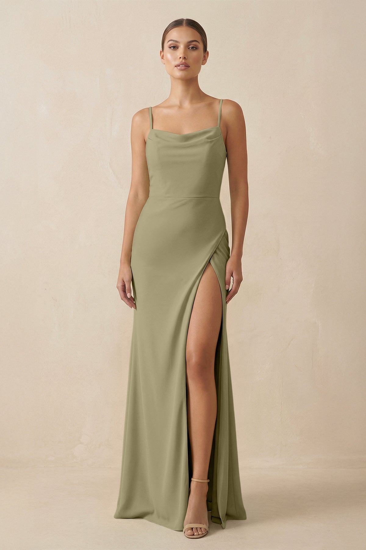 Sheath Spaghetti Straps Chiffon Long Bridesmaid Dress in Thyme - SHE IS ME Bridesmaid Dresses