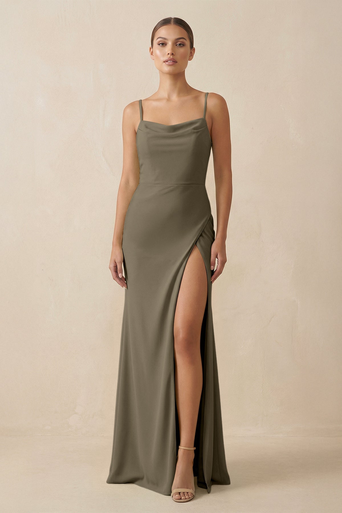 Sheath Spaghetti Straps Chiffon Long Bridesmaid Dress in Willow Green - SHE IS ME Bridesmaid Dresses
