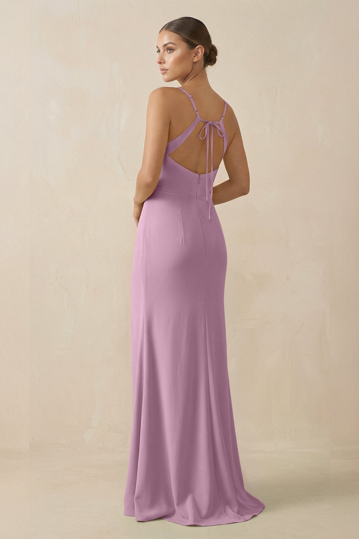 Sheath Spaghetti Straps Chiffon Long Bridesmaid Dress in Wisteria - SHE IS ME Bridesmaid Dresses