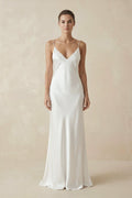 Sheath Spaghetti Straps V - Neck Wedding Dress in White - SHE IS ME Wedding Dresses