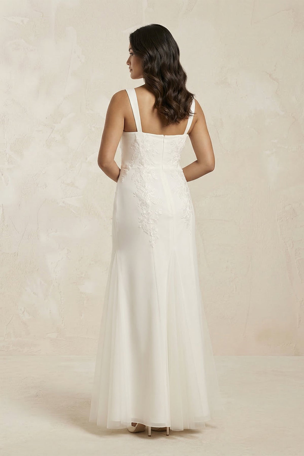 Sheath Tulle Square Neck Appliqued Wedding Dress in Ivory - SHE IS ME Wedding Dresses