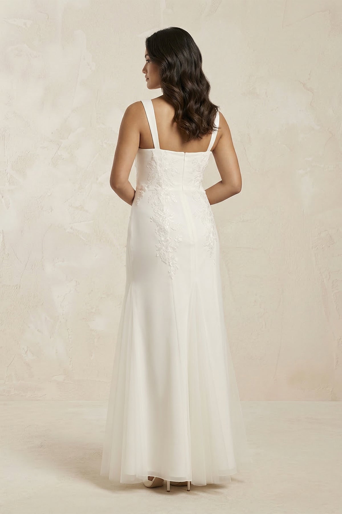 Sheath Tulle Square Neck Appliqued Wedding Dress in Ivory - SHE IS ME Wedding Dresses