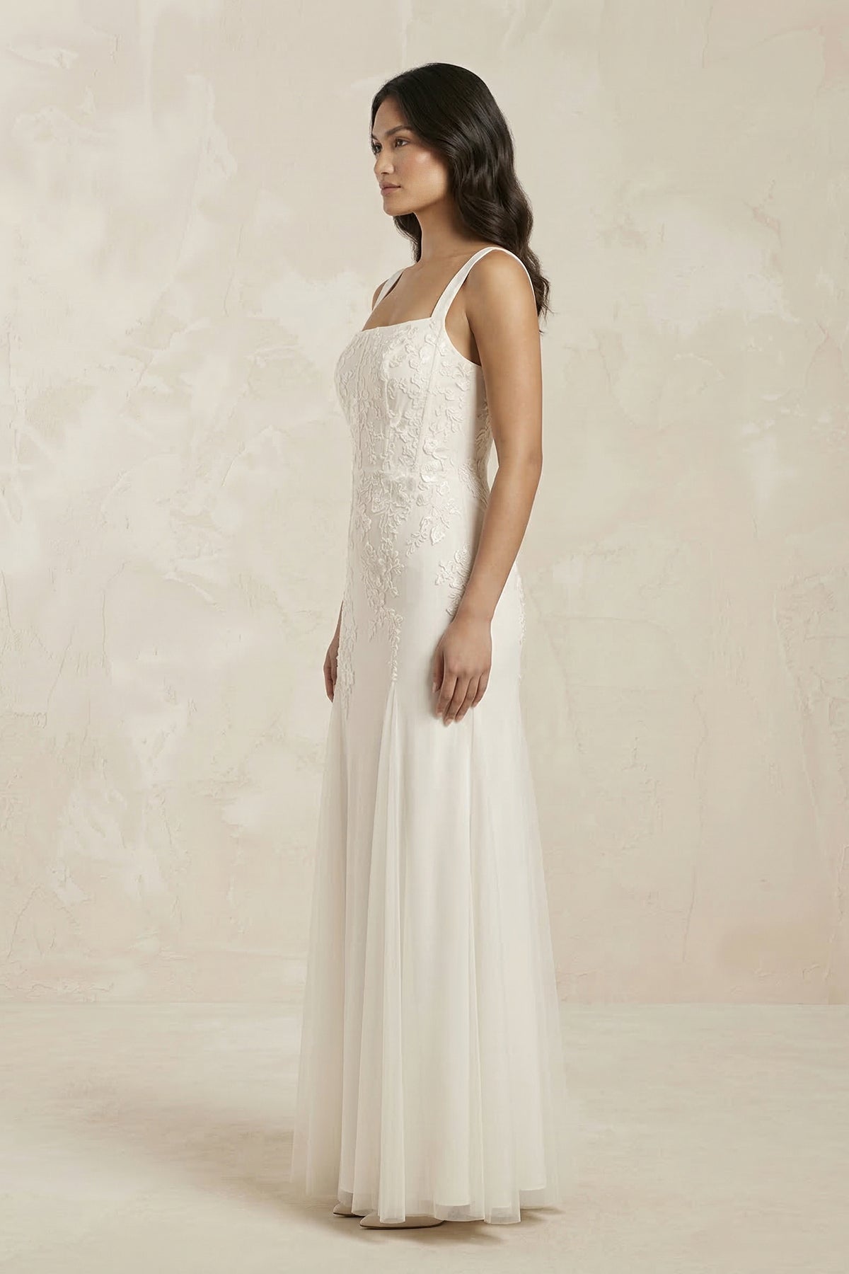 Sheath Tulle Square Neck Appliqued Wedding Dress in Ivory - SHE IS ME Wedding Dresses
