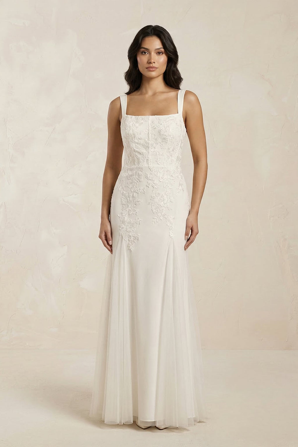 Sheath Tulle Square Neck Appliqued Wedding Dress in Ivory - SHE IS ME Wedding Dresses