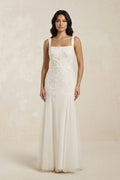 Sheath Tulle Square Neck Appliqued Wedding Dress in Ivory - SHE IS ME Wedding Dresses