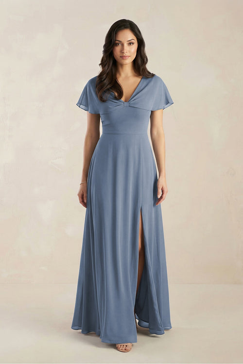 Short Sleeve Chiffon V - Neck A - Line Bridesmaid Dress in Neptune - SHE IS ME Bridesmaid Dresses