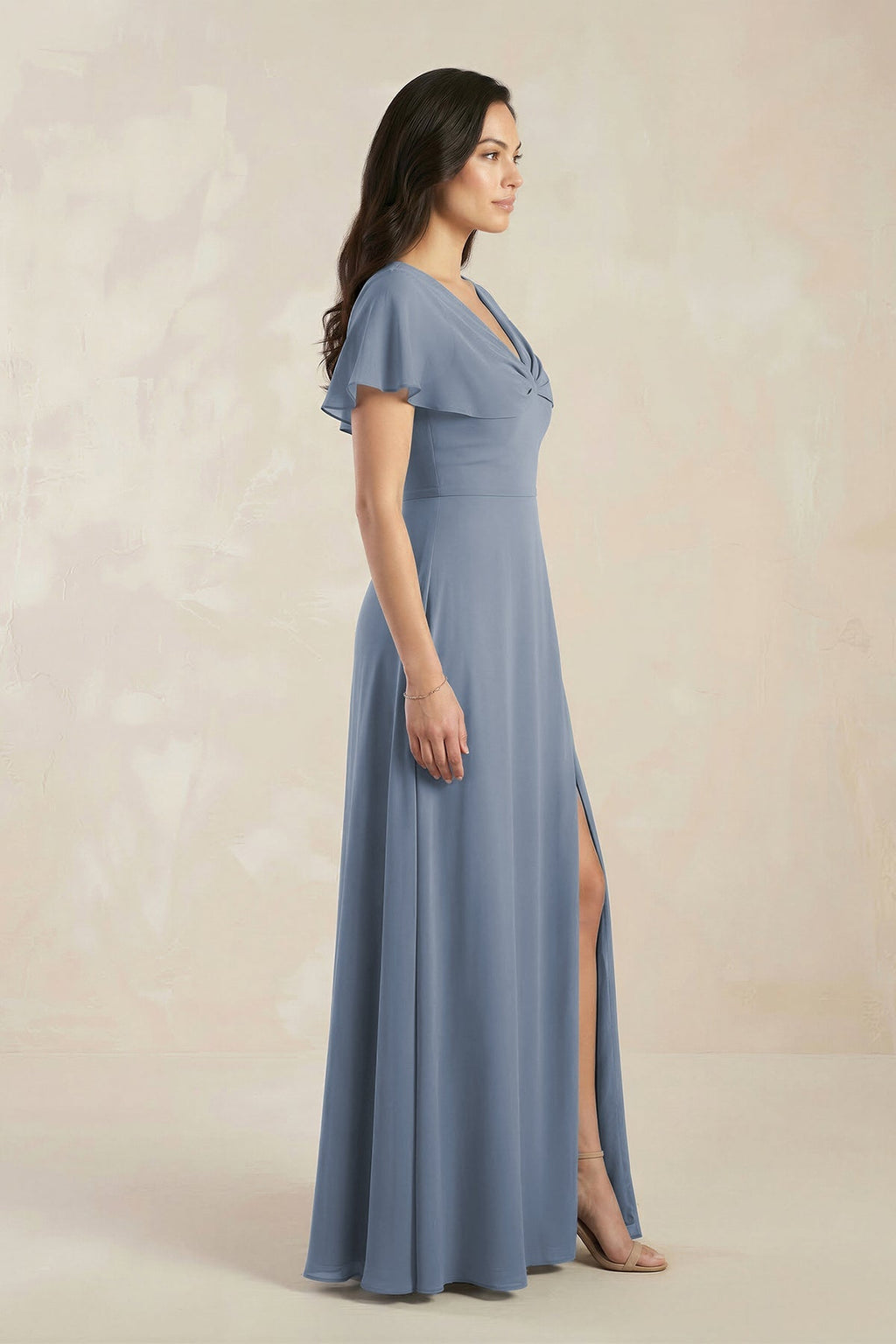 Short Sleeve Chiffon V - Neck A - Line Bridesmaid Dress in Neptune - SHE IS ME Bridesmaid Dresses