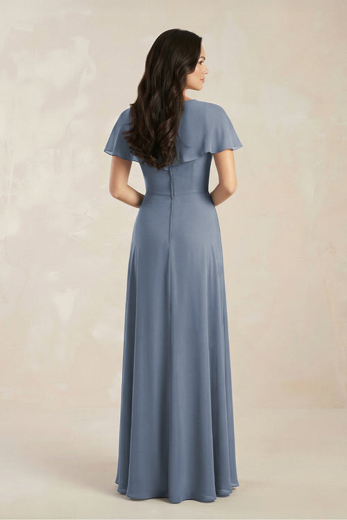 Short Sleeve Chiffon V - Neck A - Line Bridesmaid Dress in Neptune - SHE IS ME Bridesmaid Dresses