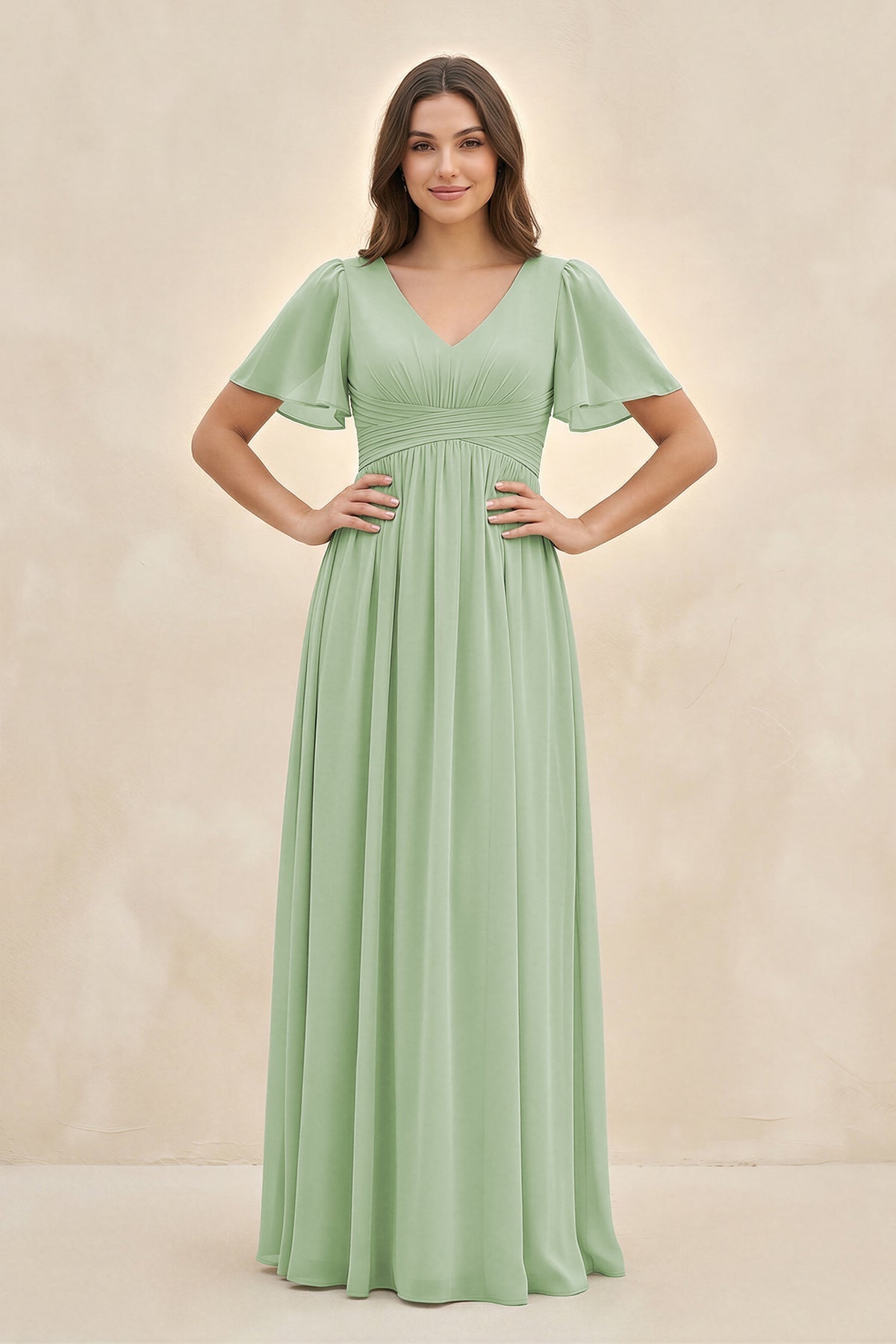 Short Sleeve Chiffon V - Neck A - Line Bridesmaid Dress in Sage - SHE IS ME Bridesmaid Dresses