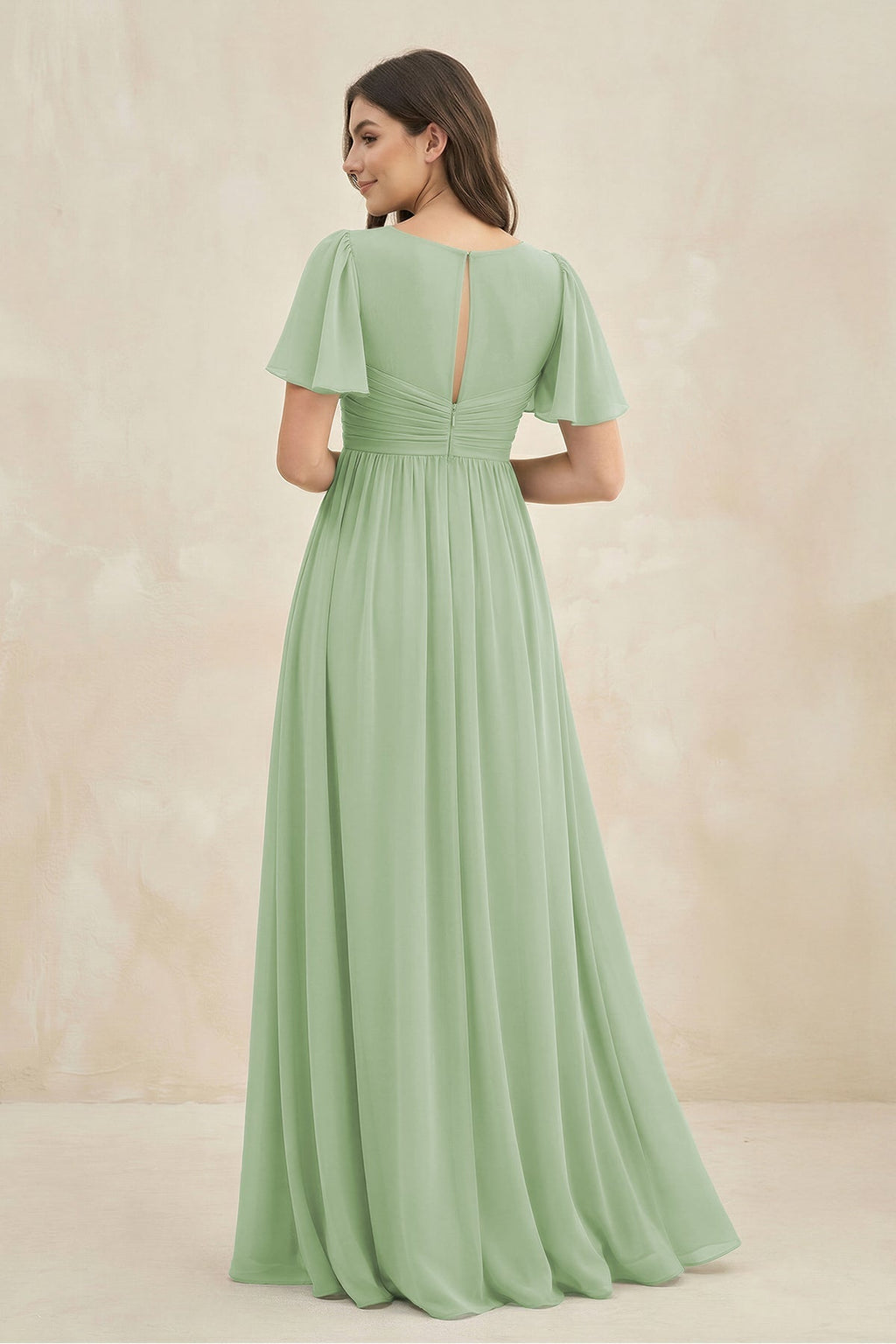 Short Sleeve Chiffon V - Neck A - Line Bridesmaid Dress in Sage - SHE IS ME Bridesmaid Dresses