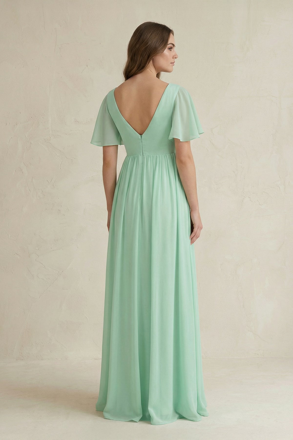 Short Sleeve V-Neck A-Line Chiffon Bridesmaid Dress in Pale Pistachio - SHE IS ME BRIDESMAID DRESSES