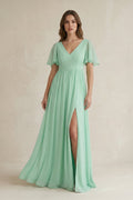 Short Sleeve V-Neck A-Line Chiffon Bridesmaid Dress in Pale Pistachio - SHE IS ME BRIDESMAID DRESSES