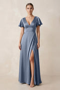 Short Sleeve V - Neck A - Line Satin Bridesmaid Dress With Slit in Neptune - SHE IS ME Bridesmaid Dresses