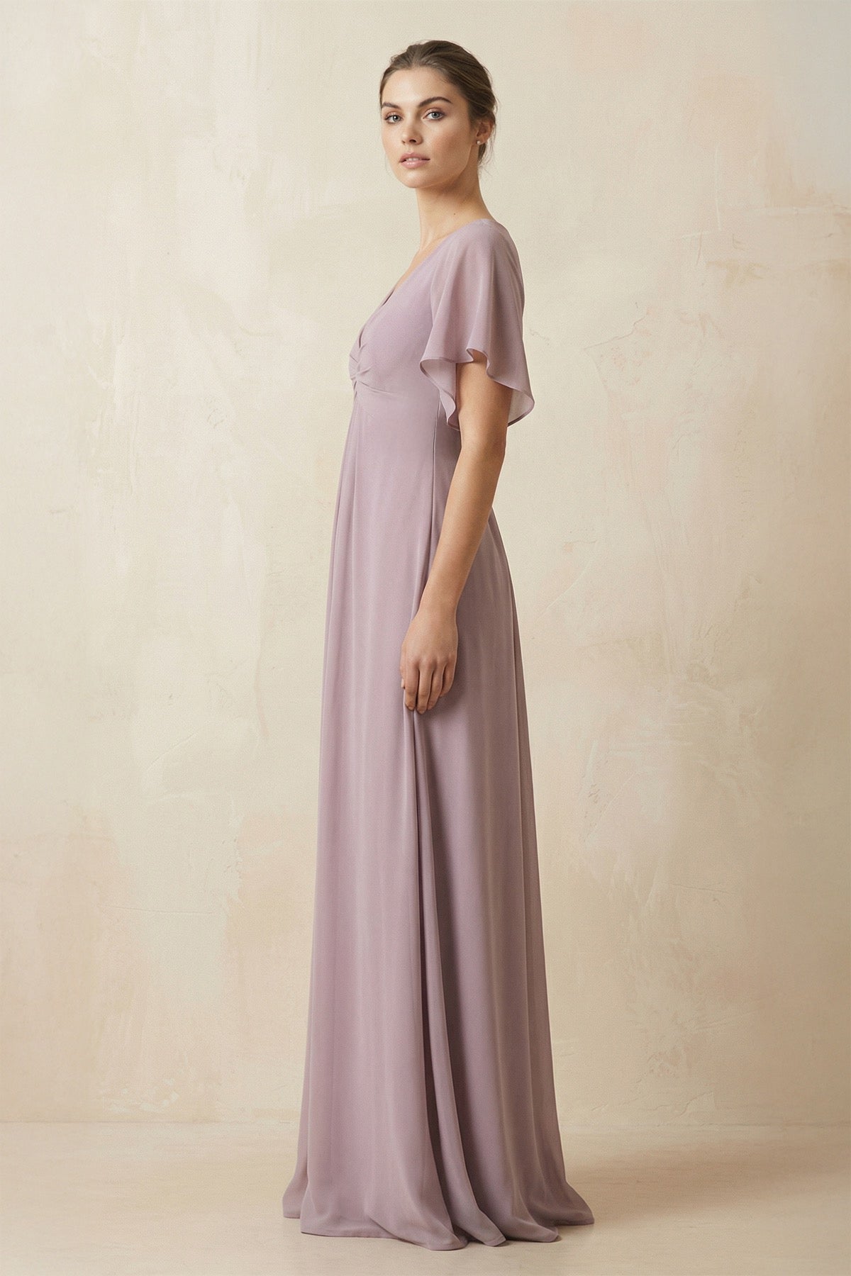 Short Sleeve V - Neck Chiffon A - Line Bridesmaid Dress in Dusk - SHE IS ME Bridesmaid Dresses