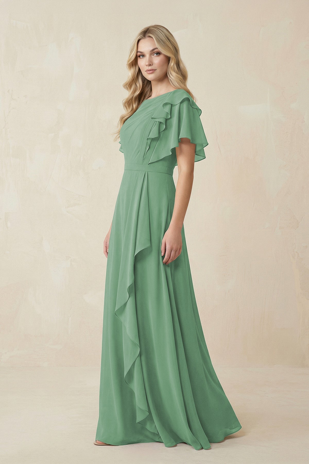 Short Sleeves Bateau A - Line Chiffon Bridesmaid Dress in Sea Glass - SHE IS ME Bridesmaid Dresses