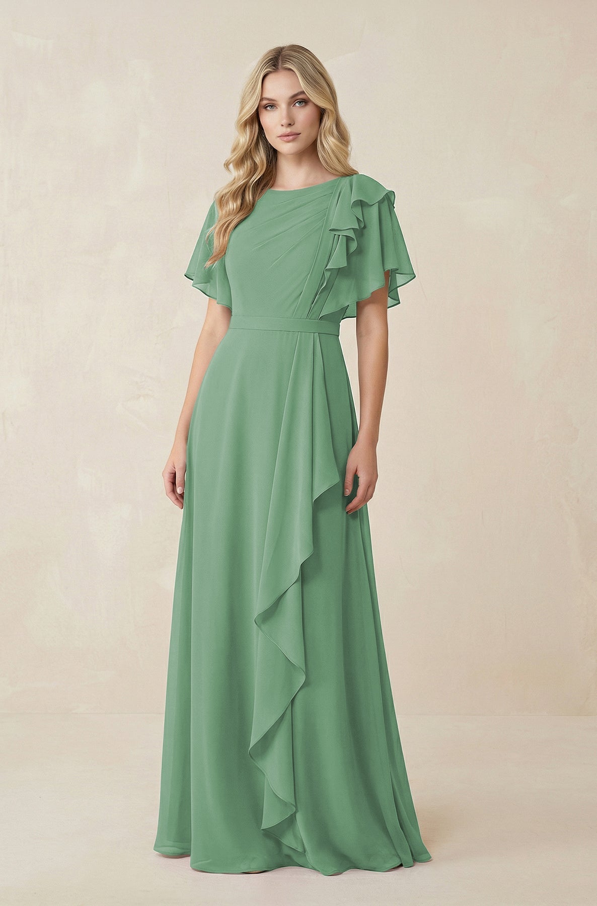 Short Sleeves Bateau A - Line Chiffon Bridesmaid Dress in Sea Glass - SHE IS ME Bridesmaid Dresses