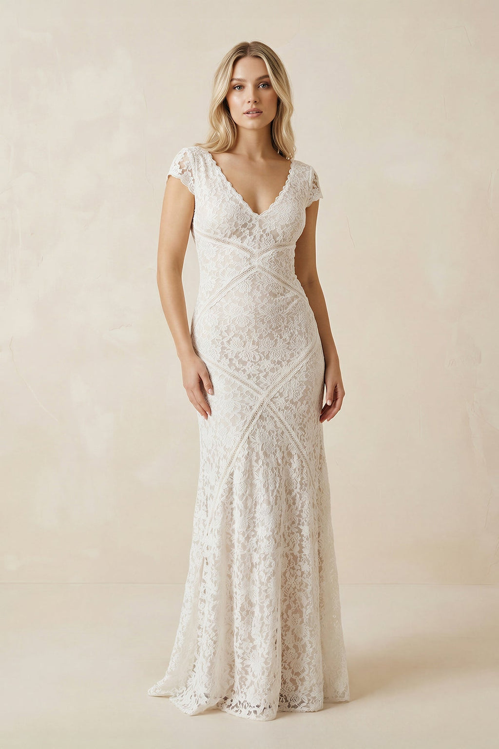 Short Sleeves Sheath V Neck Lace Wedding Dress in White and Nude - SHE IS ME Wedding Dresses