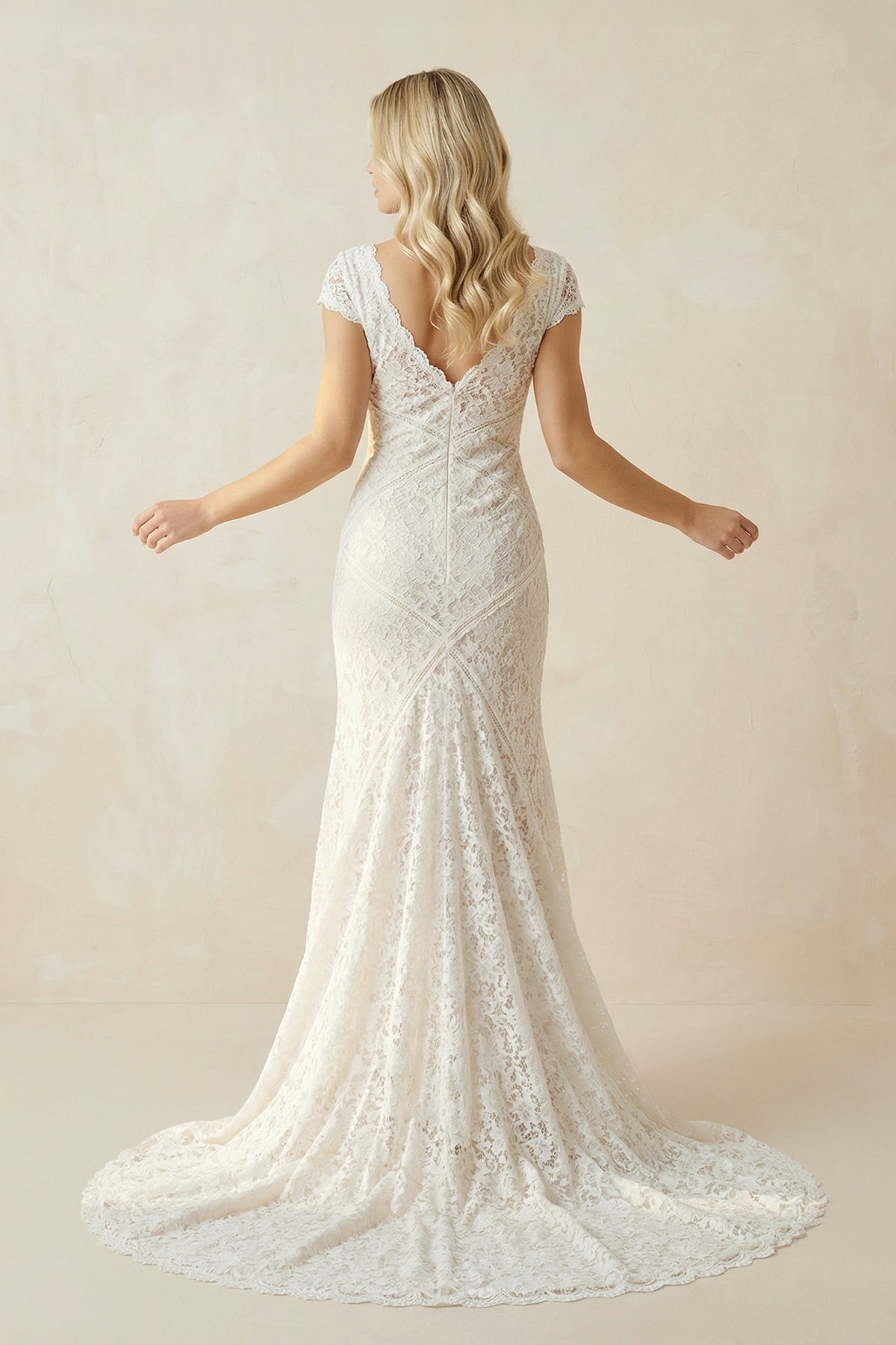 Short Sleeves Sheath V Neck Lace Wedding Dress in White and Nude - SHE IS ME Wedding Dresses