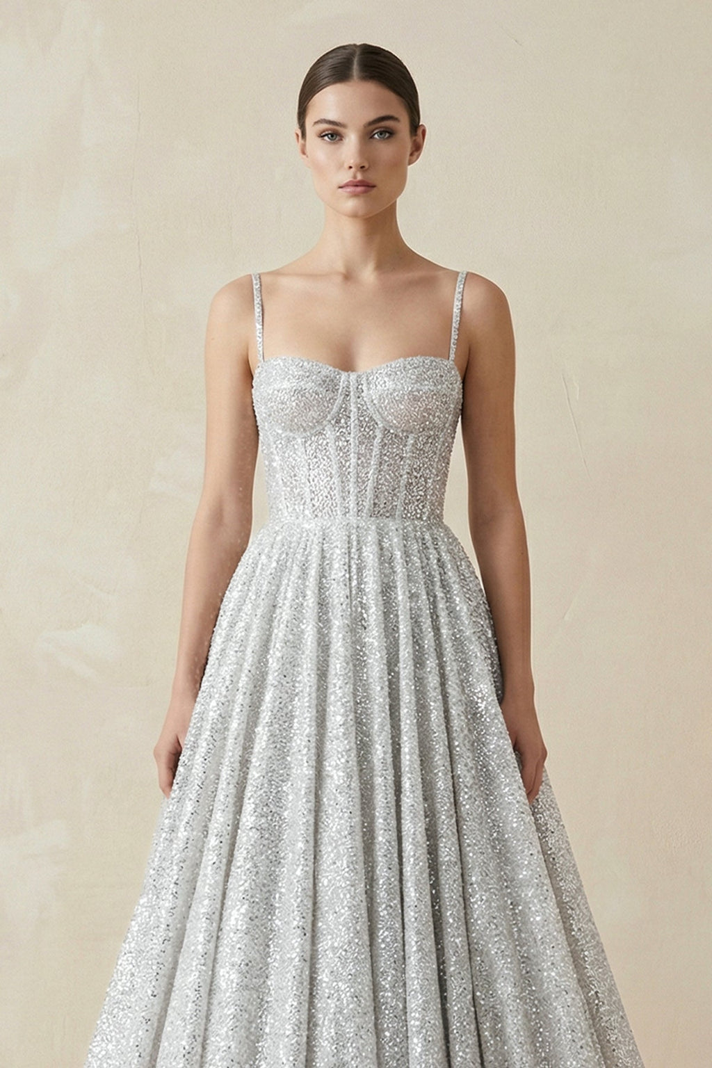 Silver Glitter Spaghetti Strap A - Line Wedding Dress - SHE IS ME Wedding Dresses