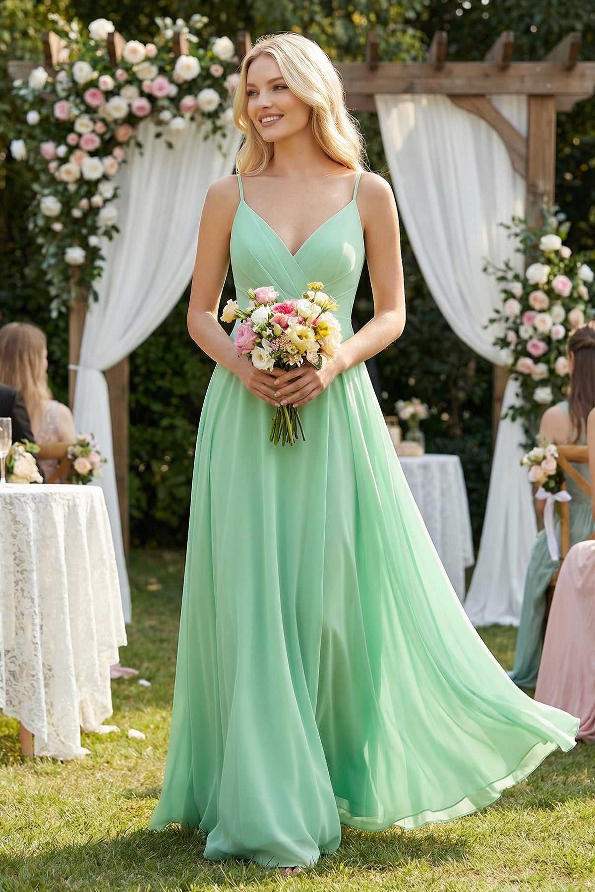 A-Line Spaghetti Strap Chiffon Bridesmaid Dress in Pale Pistachio - SHE IS ME BRIDESMAID DRESSES