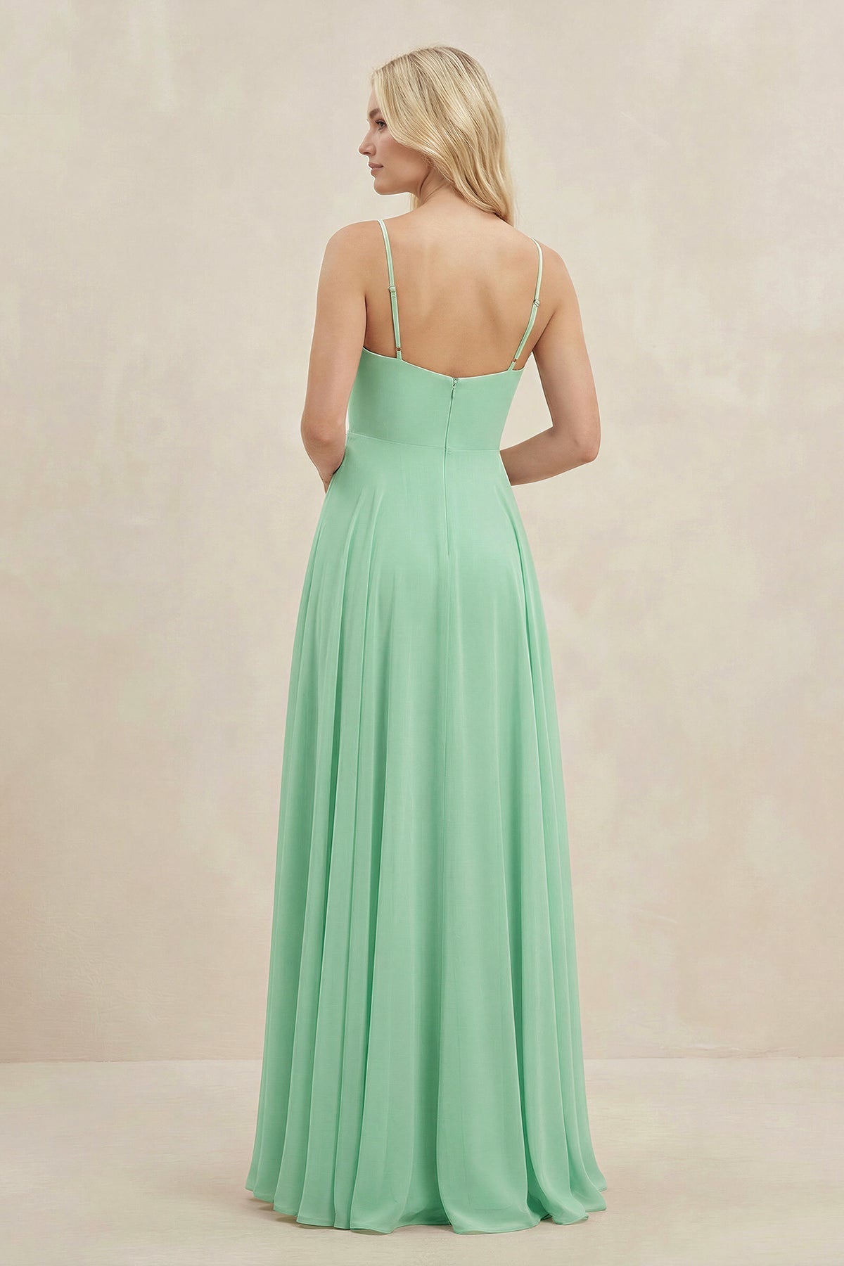 A-Line Spaghetti Strap Chiffon Bridesmaid Dress in Pale Pistachio - SHE IS ME BRIDESMAID DRESSES