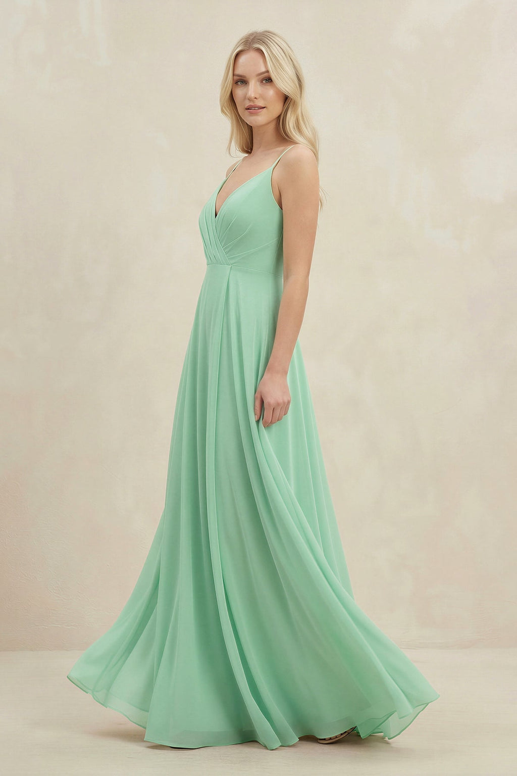 A-Line Spaghetti Strap Chiffon Bridesmaid Dress in Pale Pistachio - SHE IS ME BRIDESMAID DRESSES