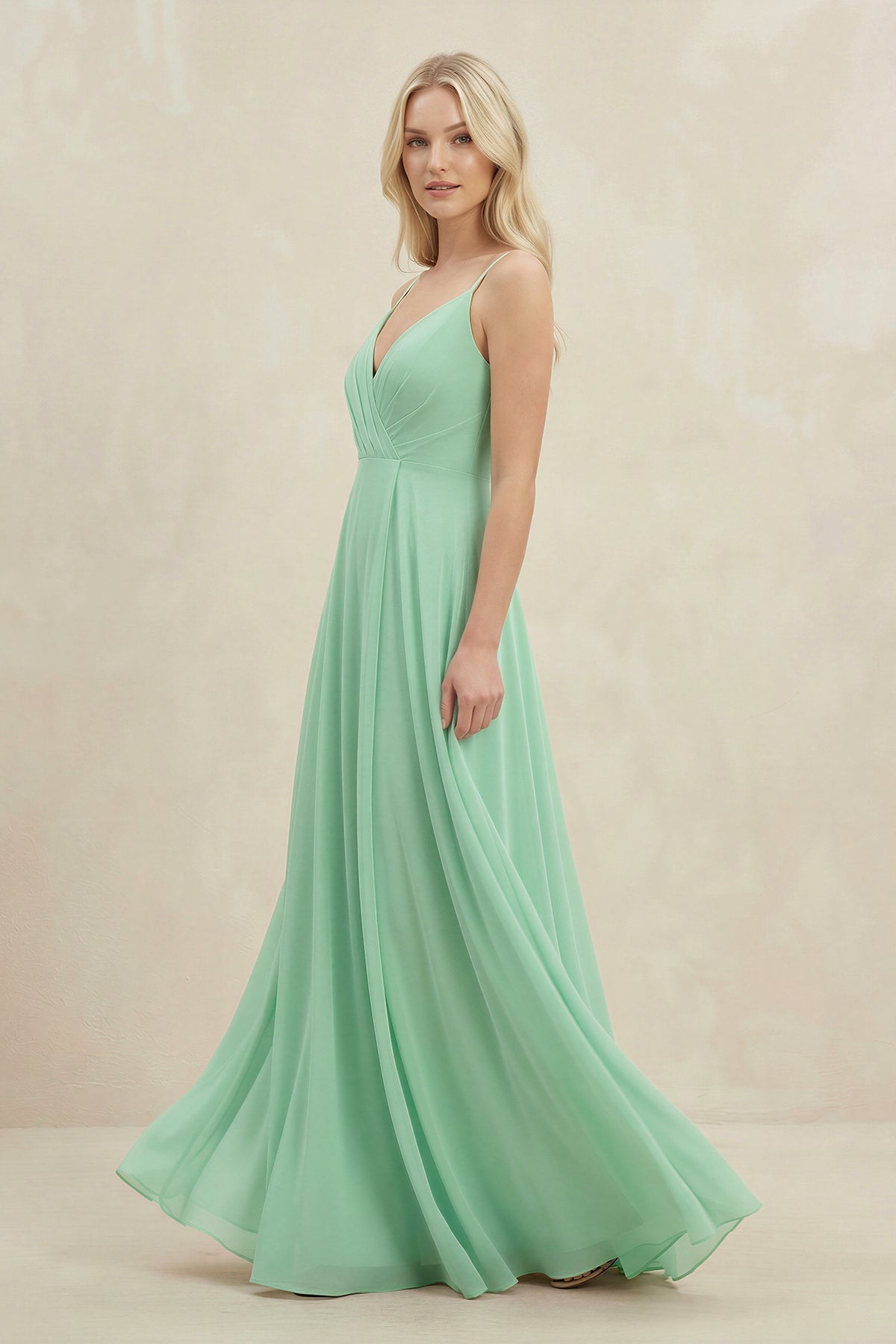 A-Line Spaghetti Strap Chiffon Bridesmaid Dress in Pale Pistachio - SHE IS ME BRIDESMAID DRESSES