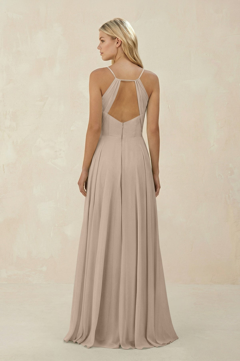 Spaghetti Strap A - Line Chiffon Bridesmaid Dress in Almond - SHE IS ME Bridesmaid Dresses