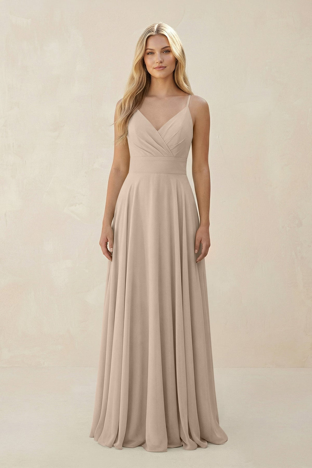 Spaghetti Strap A - Line Chiffon Bridesmaid Dress in Almond - SHE IS ME Bridesmaid Dresses