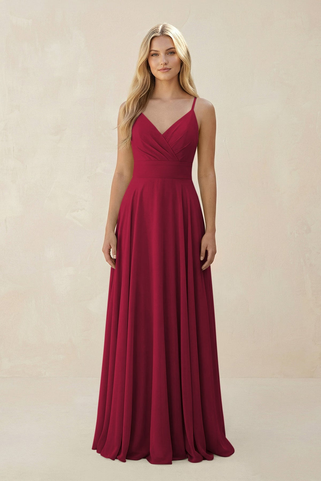 Spaghetti Strap A - Line Chiffon Bridesmaid Dress in Berry - SHE IS ME Bridesmaid Dresses