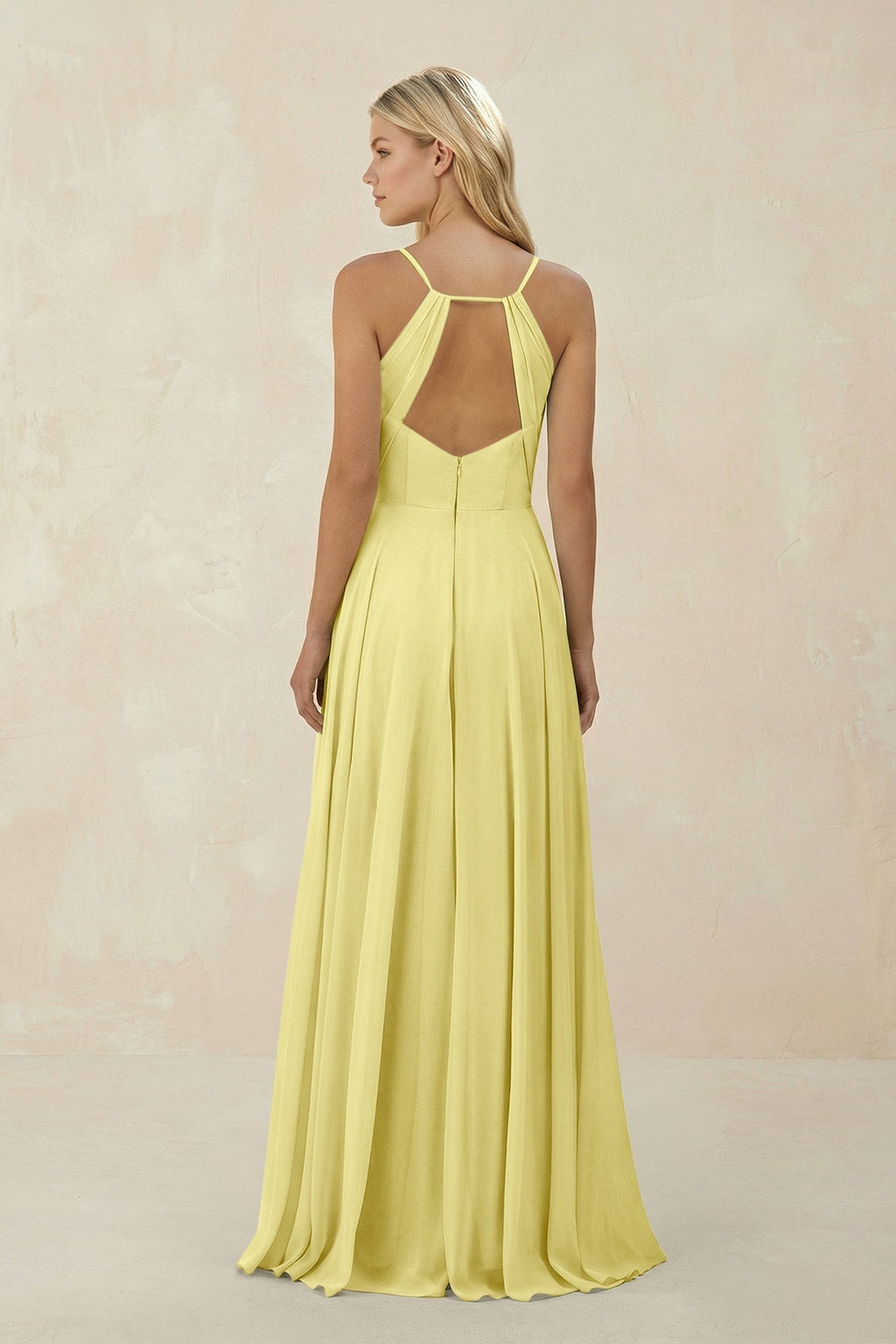 Spaghetti Strap A - Line Chiffon Bridesmaid Dress in Buttercup - SHE IS ME Bridesmaid Dresses